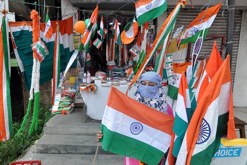 A woman sells Tricolors ahead of the India"s Independence Day in Guwahati city in Assam, India on August 10, 2020.