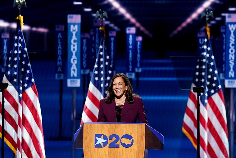 U.S. Senator Kamala Harris (D-CA) accepts the Democratic vice presidential nomination during an acceptance speech delivered for the largely virtual 2020 Democratic National Convention from the Chase Center in Wilmington, Delaware, US, August 19, 2020.
