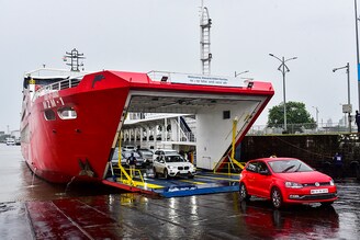 People and cars coming out of the M2M ferry, on August 20, 2020 in Mumbai, India. The Ro Ro service which was started in March have resumed services between Mumbai and Alibaug after 5 months of Lockdown.