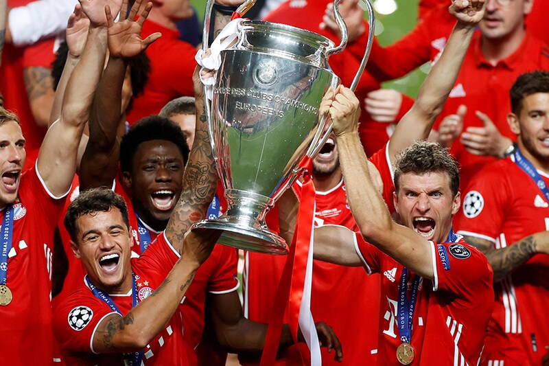 Bayern Munich"s Thomas Muller celebrates with the team after winning the Champions League, as play resumes behind closed doors following the outbreak of the coronavirus disease (COVID-19). The Champions League final was between Bayern Munich and Paris St Germain at Estadio da Luz, Lisbon, Portugal on August 23, 2020