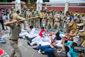 Lathi charge on Samajwadi Party workers during a protest demanding the cancellation of NEET and JEE entrance exams due to Covid-19 on August 27, 2020 in Lucknow, India