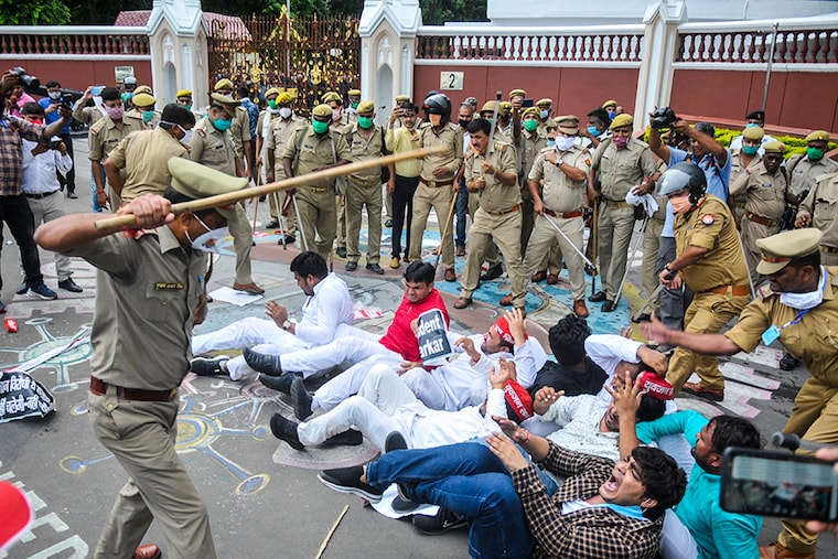 Lathi charge on Samajwadi Party workers during a protest demanding the cancellation of NEET and JEE entrance exams due to Covid-19 on August 27, 2020 in Lucknow, India