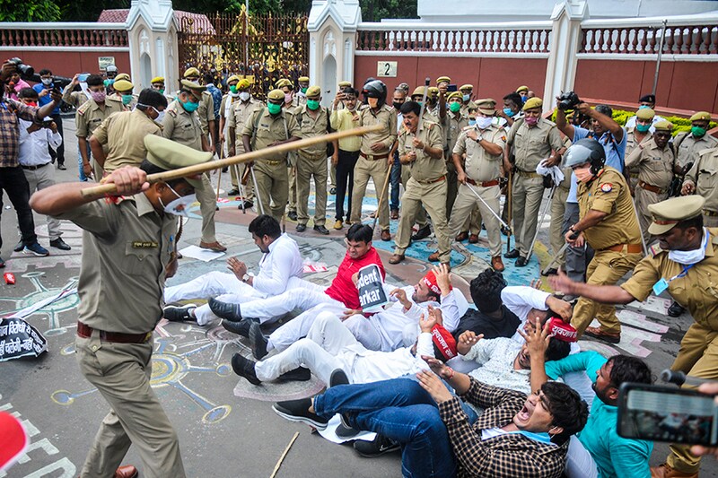 Lathi charge on Samajwadi Party workers during a protest demanding the cancellation of NEET and JEE entrance exams due to Covid-19 on August 27, 2020 in Lucknow, India