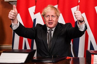 Prime Minister, Boris Johnson gives a thumbs up gesture after signing the Brexit trade deal with the EU in number 10 Downing Street on December 30, 2020 in London, United Kingdom. The United Kingdom and the European Union agreed a Trade and Cooperation Agreement, an Agreement on Nuclear Cooperation and an Agreement on Security Procedures for Exchanging and Protecting Classified Information on Christmas Eve 2020. These Agreements change the basis of the UK"s relationship with the EU from EU law to free trade and friendly cooperation. In a referendum of 23 June 2016 the British people voted to take back control of their laws, borders, money, trade and fisheries, commonly referred to as Brexit.