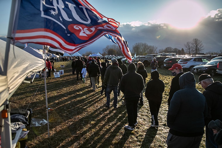 Supporters of U.S. President Donald Trump arrive to a Trump campaign rally on November 01, 2020 in Washington, Michigan. Only days before the U.S. election, President Trump and Democratic nominee Joe Biden are campaigning in crucial swing states.