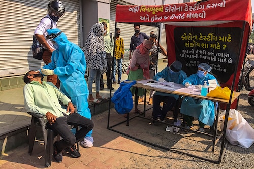 Ahmedabad Municipal corporation undertaking the rapid antigen Covid-19 test on November 20, while the Gujarat government has announced a complete curfew in the city until Monday, amidst a rise of coronavirus cases. Only shops selling milk and medicines will remain open. After Monday, a night curfew is expected to persist.