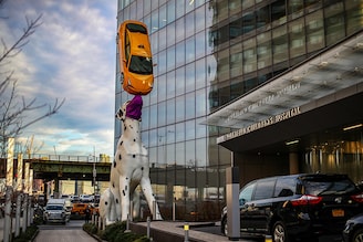 "Spot the Dog" statue is seen with a giant face mask at the Kimmel Pavilion outside Hassenfeld Childrens Hospital at NYU Langone in New York City, United States on November 19, 2020.