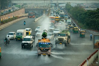 NEW DELHI, INDIA: As pollution in India reaches alarming levels, an "anti-smog gun" is used by authorities to clear the skies above New Delhi. The gun is used for dust suppression. This will help resemble rain-like conditions. shooting fine water droplets into the air to combine them with dust particles and particulate matter, which then settles them down.