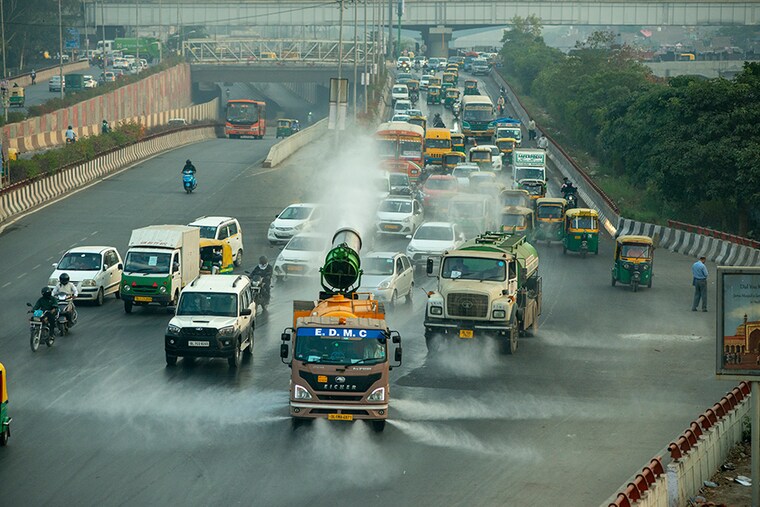 NEW DELHI, INDIA: As pollution in India reaches alarming levels, an "anti-smog gun" is used by authorities to clear the skies above New Delhi. The gun is used for dust suppression. This will help resemble rain-like conditions. shooting fine water droplets into the air to combine them with dust particles and particulate matter, which then settles them down.