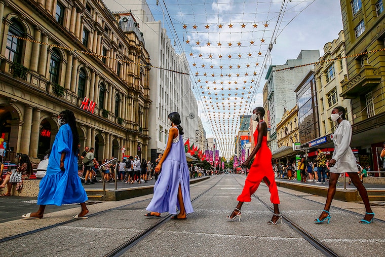 Models showcase designs during the Pop Up 3 – Festive Season runway at Melbourne Fashion Week on November 27, 2020 in Melbourne, Australia.