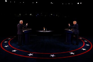 U.S. President Donald Trump and Democratic presidential nominee Joe Biden participate in the final presidential debate at Belmont University on October 22, 2020 in Nashville, Tennessee. This is the last debate between the two candidates before the November 3 election.