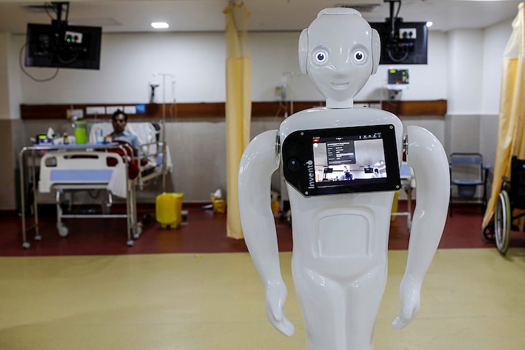 A robot named "Mitra", which is used by the patients suffering from the coronavirus disease (COVID-19) to communicate with their relatives, is seen inside an Intensive Care Unit (ICU) of the Yatharth Super Speciality Hospital in Noida, on the outskirts of New Delhi, India, September 15, 2020