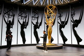 Emmy Awards Host Jimmy Kimmel working on camera angles center stage in the round during rehearsals Friday for the 72nd Annual Emmy Awards taking place at Staples Center in Los Angeles, CA this Sunday.