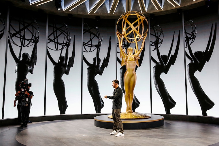 Emmy Awards Host Jimmy Kimmel working on camera angles center stage in the round during rehearsals Friday for the 72nd Annual Emmy Awards taking place at Staples Center in Los Angeles, CA this Sunday.