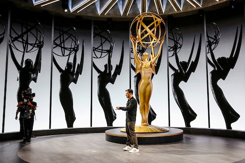 Emmy Awards Host Jimmy Kimmel working on camera angles center stage in the round during rehearsals Friday for the 72nd Annual Emmy Awards taking place at Staples Center in Los Angeles, CA this Sunday.