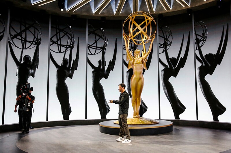 Emmy Awards Host Jimmy Kimmel working on camera angles center stage in the round during rehearsals Friday for the 72nd Annual Emmy Awards taking place at Staples Center in Los Angeles, CA this Sunday.
