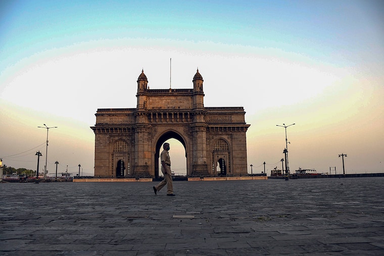 Police patrolling at the Gateway of India, as a lockdown has been imposed in public spaces to curb the spread of coronavirus in Mumbai.