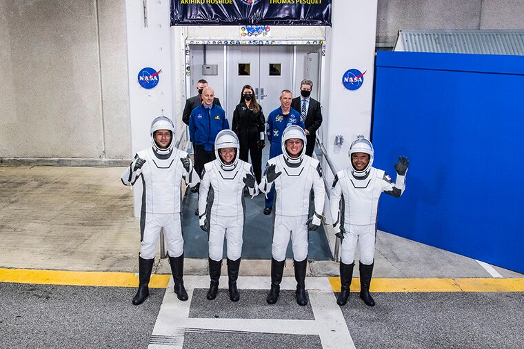 In this handout image provided by NASA, (L-R) ESA (European Space Agency) astronaut Thomas Pesquet, NASA astronauts Megan McArthur and Shane Kimbrough, and Japan Aerospace Exploration Agency (JAXA) astronaut Akihiko Hoshide, wearing SpaceX spacesuits, prepare to depart the Neil A. Armstrong Operations and Checkout Building for Launch Complex 39A to board the SpaceX Crew Dragon spacecraft for the SpaceX Crew-2 mission at NASA"s Kennedy Space Center on April 23, 2021, in Cape Canaveral, Florida. This is the second crew rotation mission of the SpaceX Crew Dragon spacecraft and Falcon 9 rocket to the International Space Station as part of the agency"s Commercial Crew Program. NASA astronauts Shane Kimbrough and Megan McArthur, ESA (European Space Agency) astronaut Thomas Pesquet, and Japan Aerospace Exploration Agency (JAXA) astronaut Akihiko Hoshide are scheduled to launch at 5:49 AM EDT.