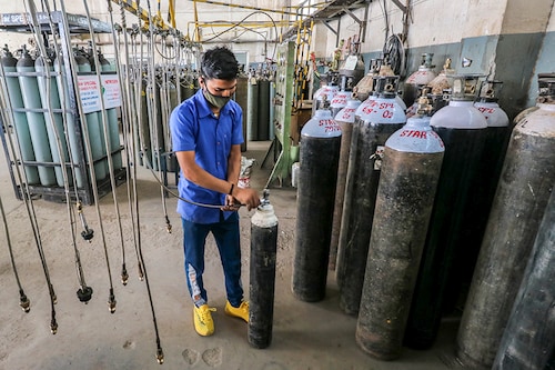 As the government fails to provide adequate oxygen to city hospitals in New Delhi, they are seeking help from industry associations in Manesar that have offered free oxygen for Covid-19 patients. Ambulances from multiple smaller city hospitals were parked outside Star Gases in Manesar waiting for an oxygen refill.