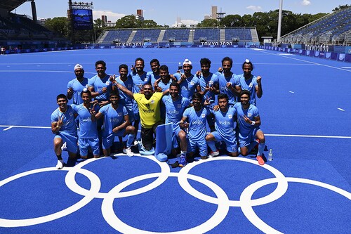 Indian hockey team poses for a group photo after winning the Tokyo 2020 Olympics match for bronze at Oi Hockey Stadium, Tokyo, Japan on August 5, 2021.