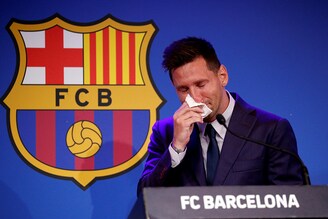 Lionel Messi breaks down in tears in his final Barcelona press conference at 1899 Auditorium, Camp Nou, Barcelona, Spain on August 8, 2021.