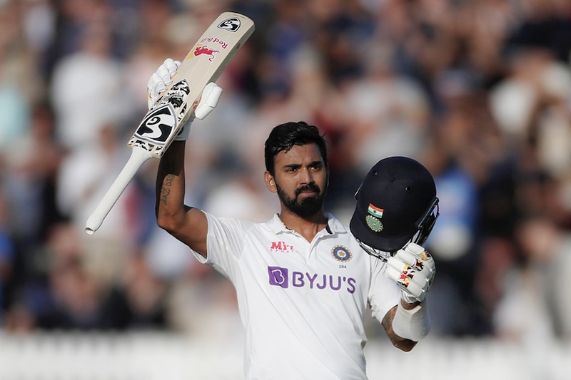 KL Rahul after hitting a century on the first day of the second test against England at Lord"s Cricket Ground, London, Britain on August 12, 2021. He is unbeaten on 127 at the end of the first day.