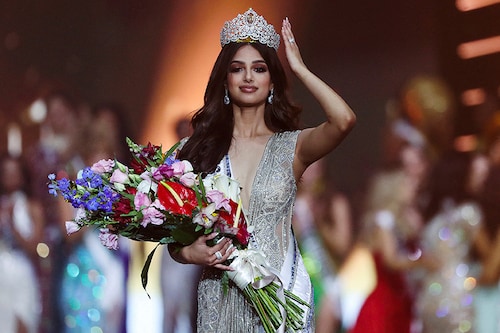 Miss Universe winner Miss India Harnaaz Sandhu poses after being declared winner of the Miss Universe pageant in the Red Sea resort of Eilat, Israel December 13, 2021.