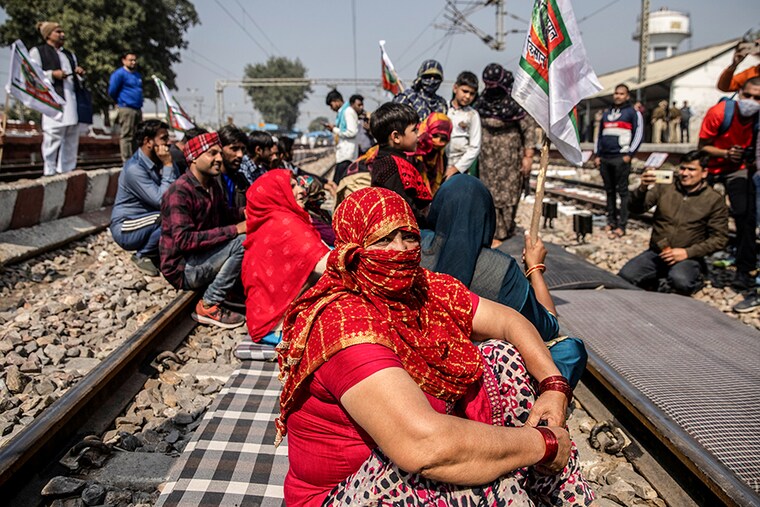 Farmers block railway tracks as part of protests against farm laws, in Sonipat, northern state of Haryana, India, February 18, 2021.