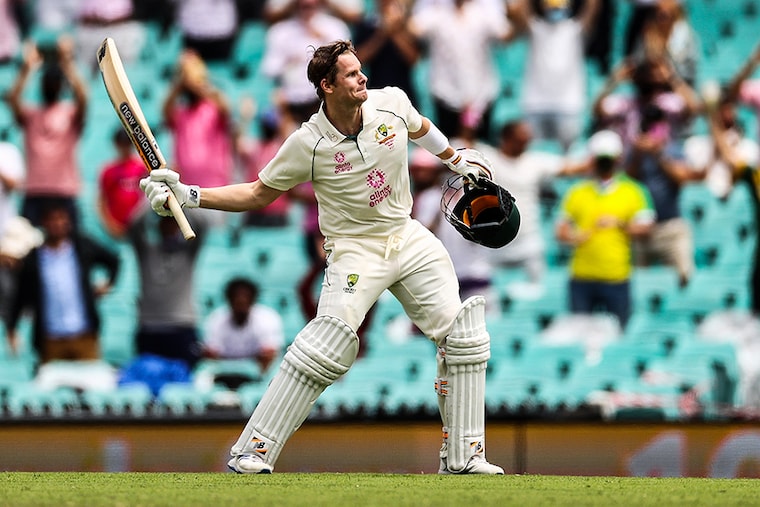 Steve Smith of Australia celebrates scoring a century during day two of the Third Test match in the series between Australia and India at Sydney Cricket Ground on January 08, 2021 in Sydney, Australia.