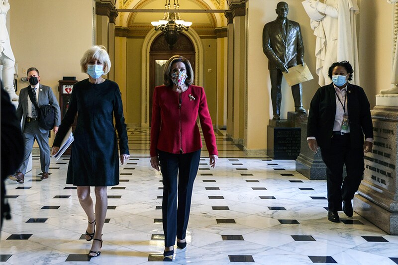 U.S. Speaker Rep. Nancy Pelosi (D-CA) walks with 60 Minutes correspondent Lesley Stahl of CBS News in a hallway at the U.S. Capitol January 8, 2021 in Washington, DC. Speaker Pelosi and her leadership team are considering an impeachment process of President Donald Trump after pro-Trump mobs stormed the Capitol and temporarily stopped the process the certification for President-elect Joe Biden and Vice President-elect Kamala Harris’ electoral college win.