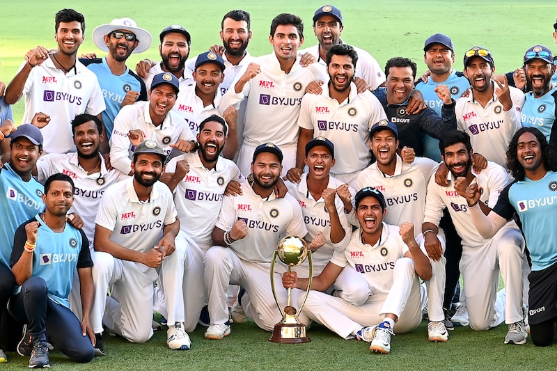 The Indian team celebrates victory after day five of the 4th Test Match in the series between Australia and India at The Gabba on January 19, 2021 in Brisbane, Australia.