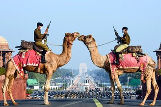 Border Security Force (BSF) camel contingent stands guard at Raisina Hills during the rehearsals for Beating Retreat 2021, at Raisina hill on January 21, 2021 in New Delhi, India.