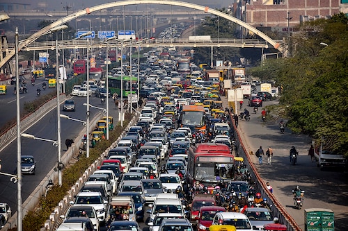 Traffic snarls near Ghazipur (Delhi-UP border) in wake of ongoing protests against the new farm laws, on January 27, 2021 in New Delhi, India. Farmer leaders today appealed to protesting farmers to maintain peace and said their agitation against the centre"s agricultural laws is a long one.