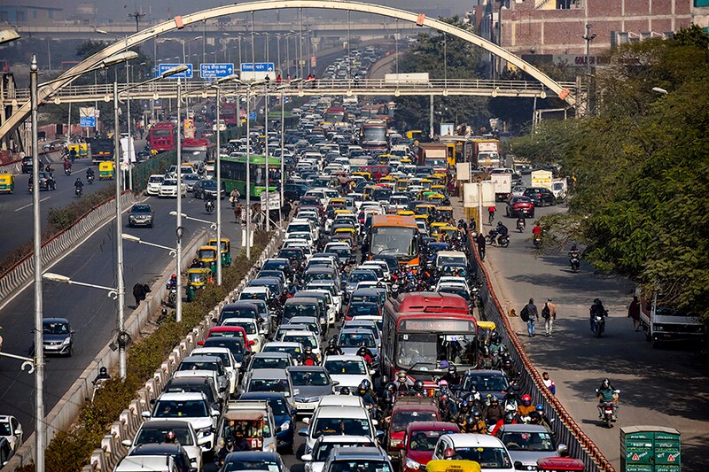 Traffic snarls near Ghazipur (Delhi-UP border) in wake of ongoing protests against the new farm laws, on January 27, 2021 in New Delhi, India. Farmer leaders today appealed to protesting farmers to maintain peace and said their agitation against the centre"s agricultural laws is a long one.