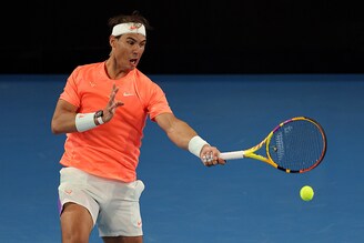 Rafael Nadal of Spain plays a forehand in his match against Dominic Thiem of Austria during the "A Day at the Drive" exhibition tournament at Memorial Drive on January 29, 2021 in Adelaide, Australia.