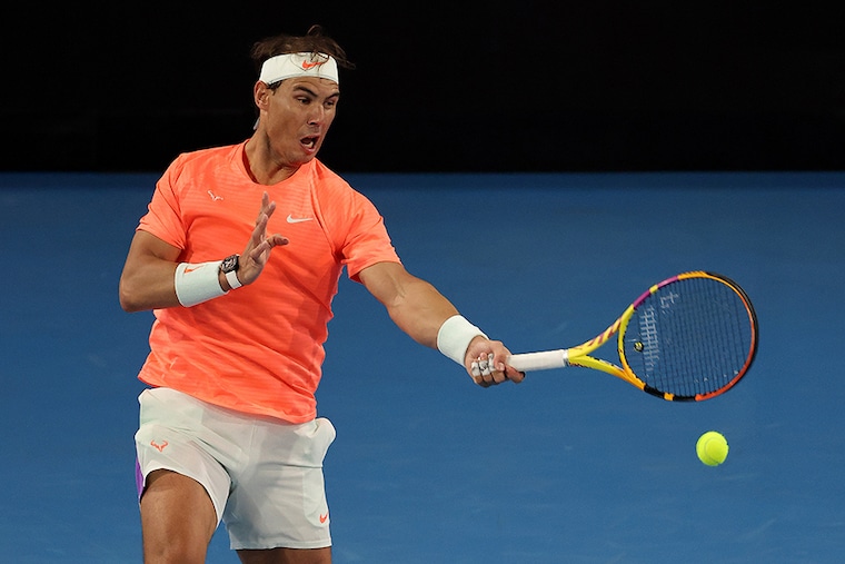 Rafael Nadal of Spain plays a forehand in his match against Dominic Thiem of Austria during the "A Day at the Drive" exhibition tournament at Memorial Drive on January 29, 2021 in Adelaide, Australia.