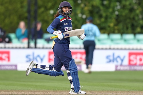 Indian skipper Mithali Raj celebrates after hitting the winning run during the Women"s Third One Day International between England and India on July 03, 2021 in Worcester, England. Mithali scripted history when she overtook former England Charlotte Edwards"s 10,273 runs to become the leading run-scorer of all time in women"s international cricket.