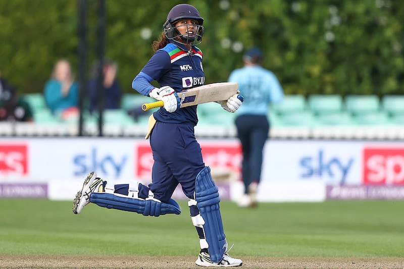 Indian skipper Mithali Raj celebrates after hitting the winning run during the Women"s Third One Day International between England and India on July 03, 2021 in Worcester, England. Mithali scripted history when she overtook former England Charlotte Edwards"s 10,273 runs to become the leading run-scorer of all time in women"s international cricket.