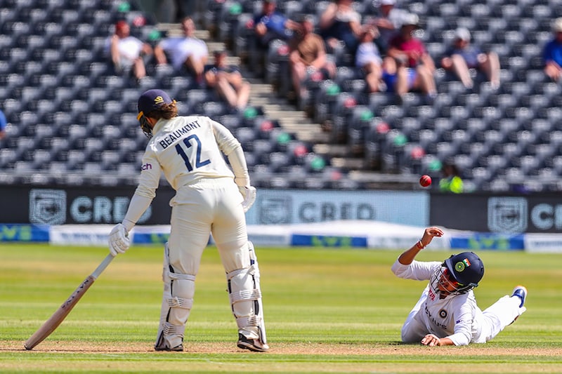 Tammy Beaumont of England is caught by Shafali Verma of India on Day One of the LV= Insurance Test Match between England Women and India Women at Bristol County Ground on June 16, 2021 in Bristol, England.