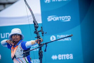 In this handout image provided by the World Archery Federation, Deepika Kumari of India is seen at the Women"s recurve finals during the Hyundai Archery World Cup 2021 Stage 3 on June 27, 2021 in Paris, France. With three golds in women"s individual, team and mixed pair she regained the number one position in global rankings.