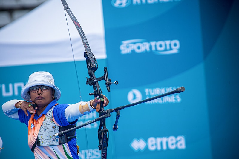 In this handout image provided by the World Archery Federation, Deepika Kumari of India is seen at the Women"s recurve finals during the Hyundai Archery World Cup 2021 Stage 3 on June 27, 2021 in Paris, France. With three golds in women"s individual, team and mixed pair she regained the number one position in global rankings.