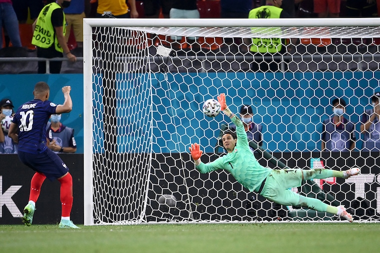 Yann Sommer of Switzerland saves the fifth and decisive penalty taken by Kylian Mbappe of France during the UEFA Euro 2020 Championship Round of 16 match at National Arena on June 28, 2021 in Bucharest, Romania. Switzerland pull off a big win to upset the world champion France by 5-4 on penalties to enter the quarter-finals.