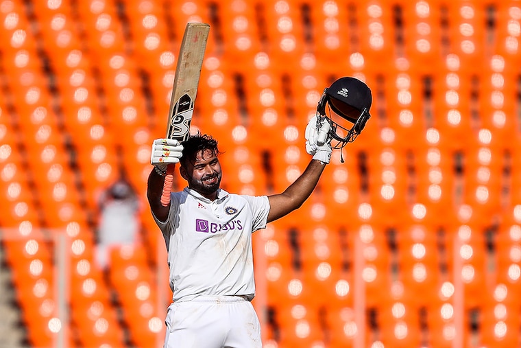 Rishabh Pant of India celebrates reaching his century during Day Two of the 4th Test Match between India and England at Sardar Patel Stadium on March 05, 2021 in Ahmedabad, India.