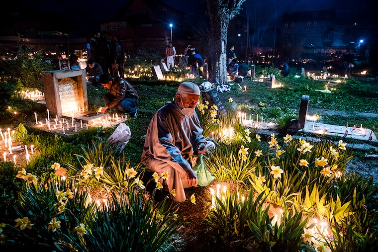 Shia Muslims light candles and pray on the graves of their relatives during the Shab-e-Barat occasion in Srinagar. Shab-e-barat is a festival observed by Muslims between 14th and 15th night of 8th Islamic Month Sha"aban, who pray all night with the belief that God will decide everyone"s fortune on this night. Additionally, Twelve Shia Muslims commemorate the birthday of 12th Imam Muhammad al-Mahdi on this date.