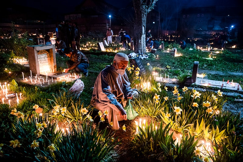 Shia Muslims light candles and pray on the graves of their relatives during the Shab-e-Barat occasion in Srinagar. Shab-e-barat is a festival observed by Muslims between 14th and 15th night of 8th Islamic Month Sha"aban, who pray all night with the belief that God will decide everyone"s fortune on this night. Additionally, Twelve Shia Muslims commemorate the birthday of 12th Imam Muhammad al-Mahdi on this date.