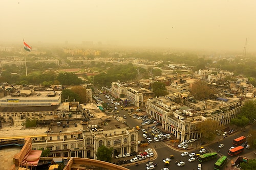 An aerial view of cloudy and dusty weather, at Connaught place on March 30, 2021 in New Delhi, India. A yellowish haze enveloped Delhi NCR as strong dust-raising winds, gusting up to 40 kilometers per hour, swept the region.