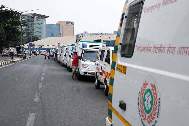 Around 30 ambulances wait outside the makeshift Jumbo Covid-19 hospital at Bandra Kurla Complex to shift patients in the wake of Cyclone Tauktae, which is expected to bring strong winds and rains to Mumbai. The additional municipal commissioner said, "We have asked other hospitals to begin preparations to receive patients from the Jumbo centers. We don’t want last minute confusion over beds, oxygen devices, etc."