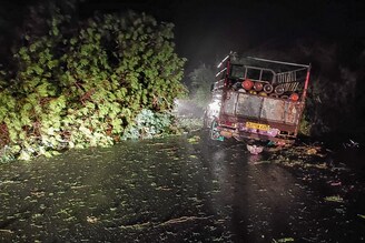 A truck loaded with oxygen cylinders is stuck by fallen trees from the impact of cyclone Tauktae, near Mahuva in Gujarat state. The powerful cyclone made landfall in Western India on the night of May 17, with heavy rains and strong winds battering the region, forcing officials to evacuate thousands of people including Covid-19 patients from hospitals near the coast.