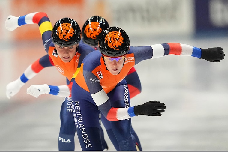 Team Netherlands in action during the Team Pursuit Women Division at the ISU World Cup Speed Skating Series.