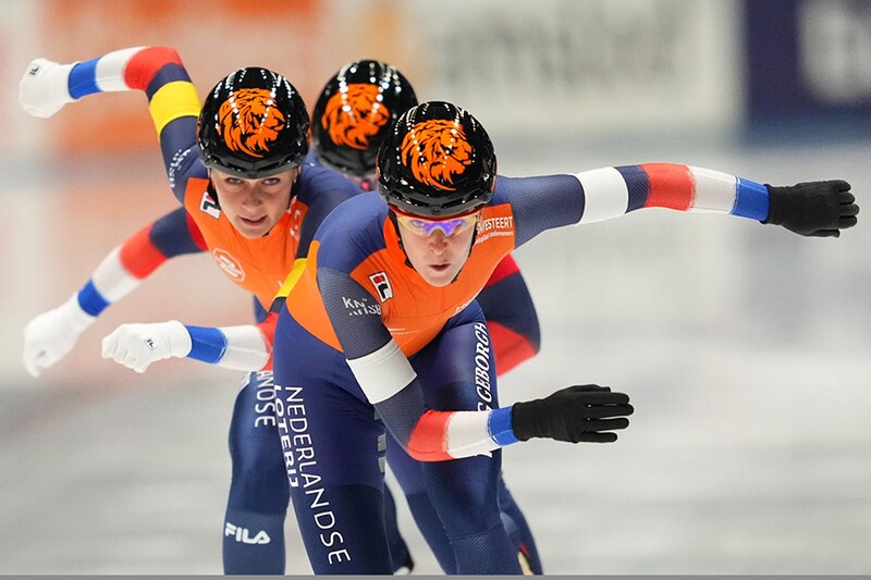 Team Netherlands in action during the Team Pursuit Women Division at the ISU World Cup Speed Skating Series.